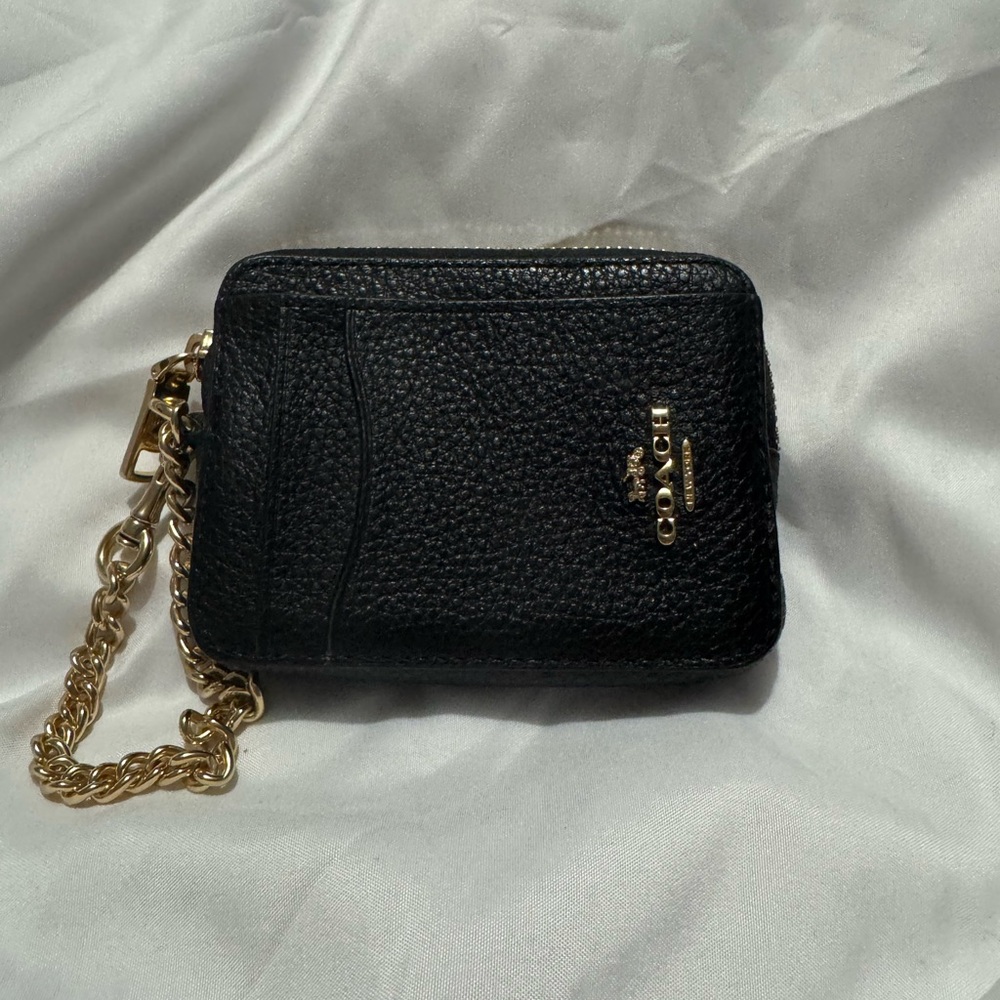 Coach Black Pebbled Leather Wallet with Gold Chain